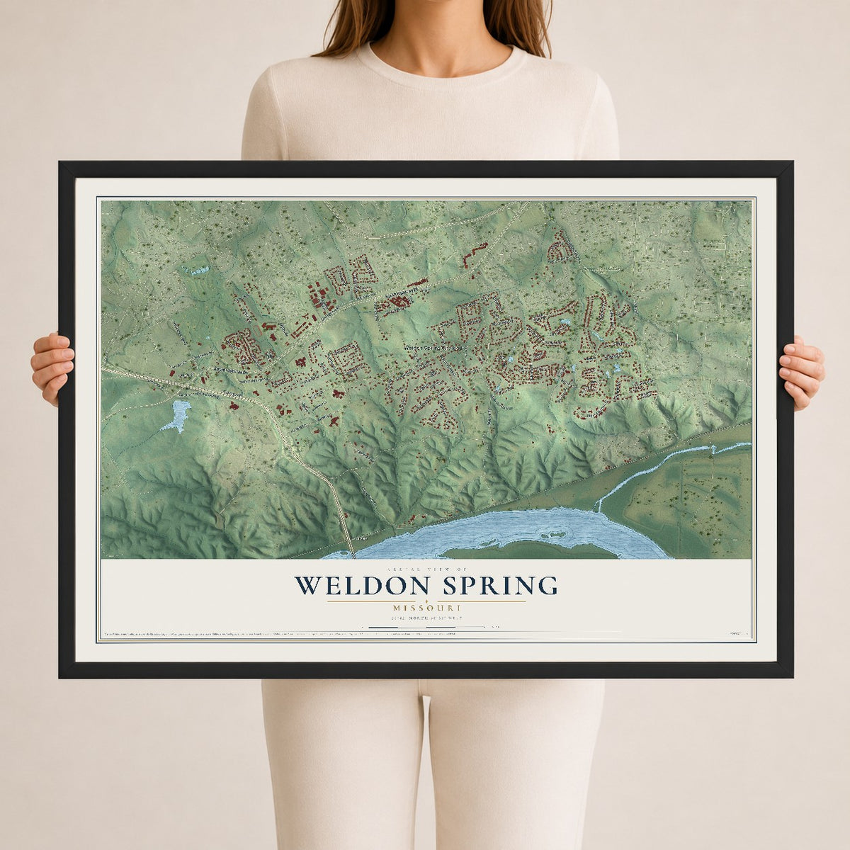 Map of Weldon Spring, Missouri, 24 x 36 inch print in a black wood frame