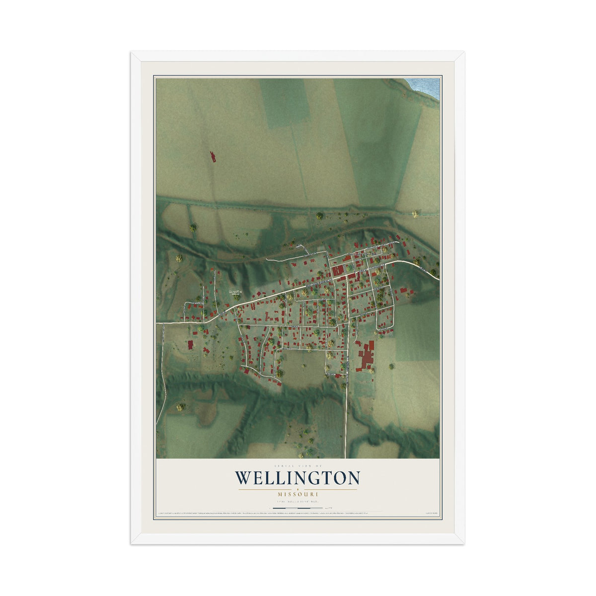 Map of Wellington, Missouri, 12 x 18 inch print in a white wood frame