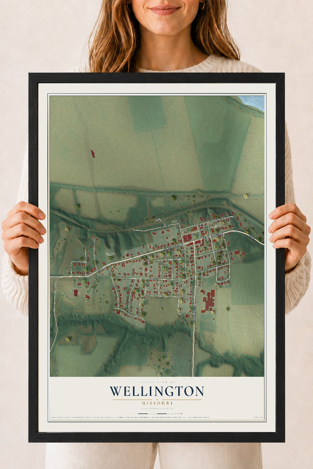 Map of Wellington, Missouri, 18 x 24 inch print in a black wood frame