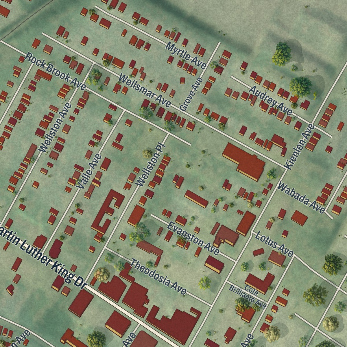 Second close-up of the map of Wellston, Missouri print showing more streets and buildings