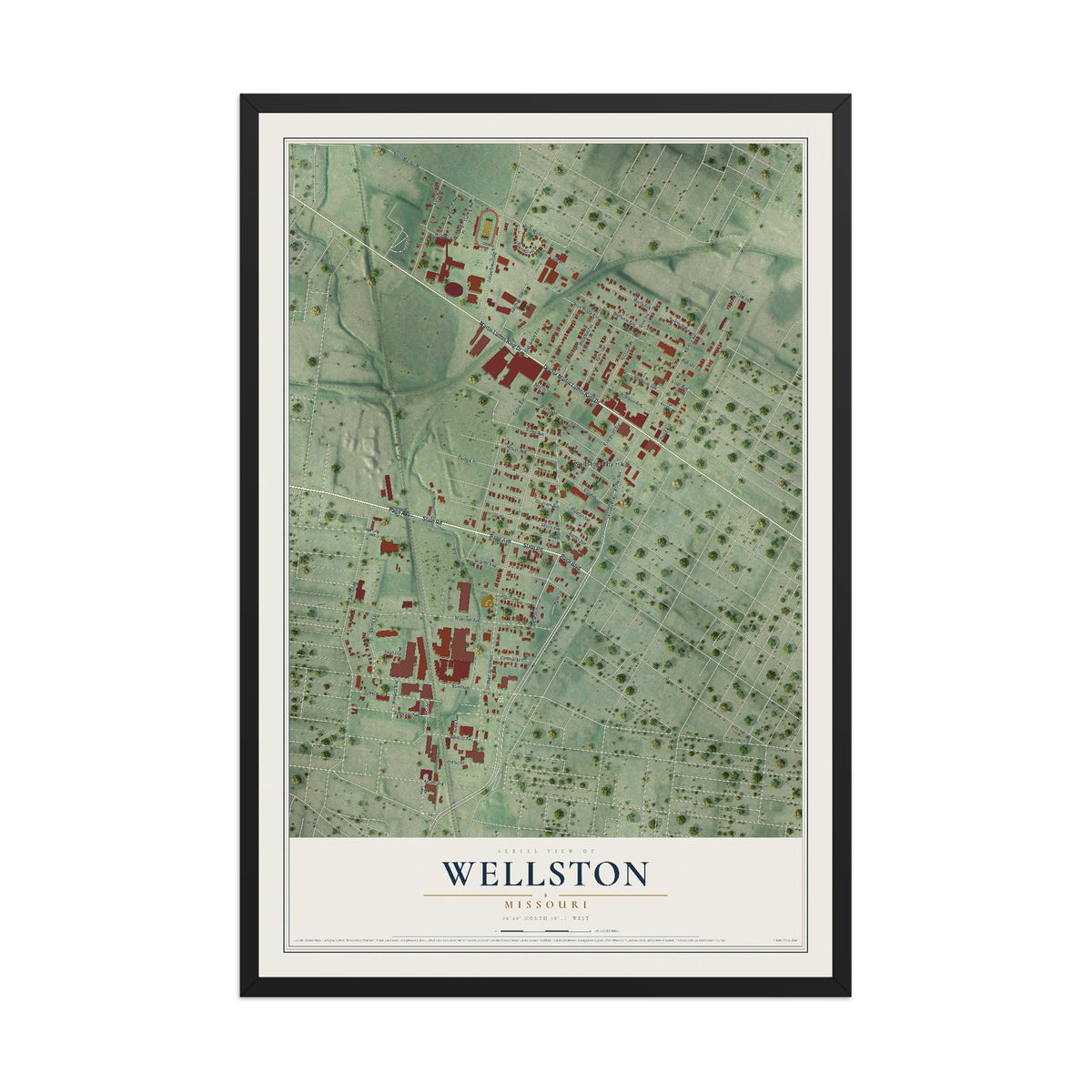 Map of Wellston, Missouri, 12 x 18 inch print in a black wood frame