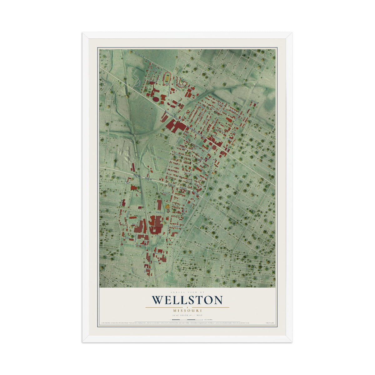Map of Wellston, Missouri, 12 x 18 inch print in a white wood frame