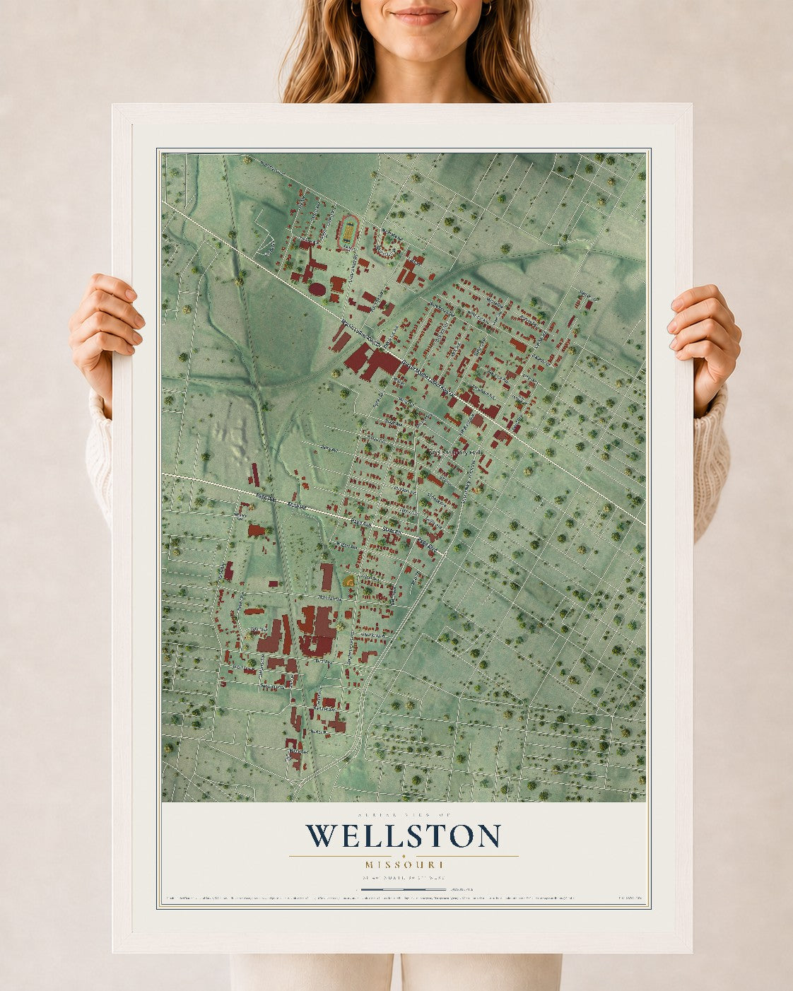 Map of Wellston, Missouri, 24 x 36 inch print in a white wood frame