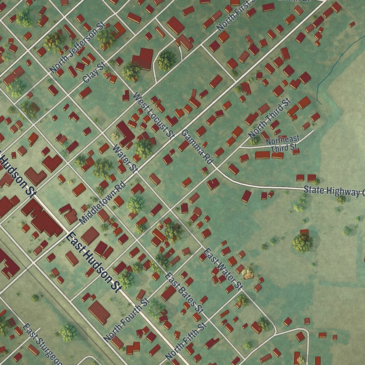 Close-up of the map of Wellsville, Missouri print showing street and building detail