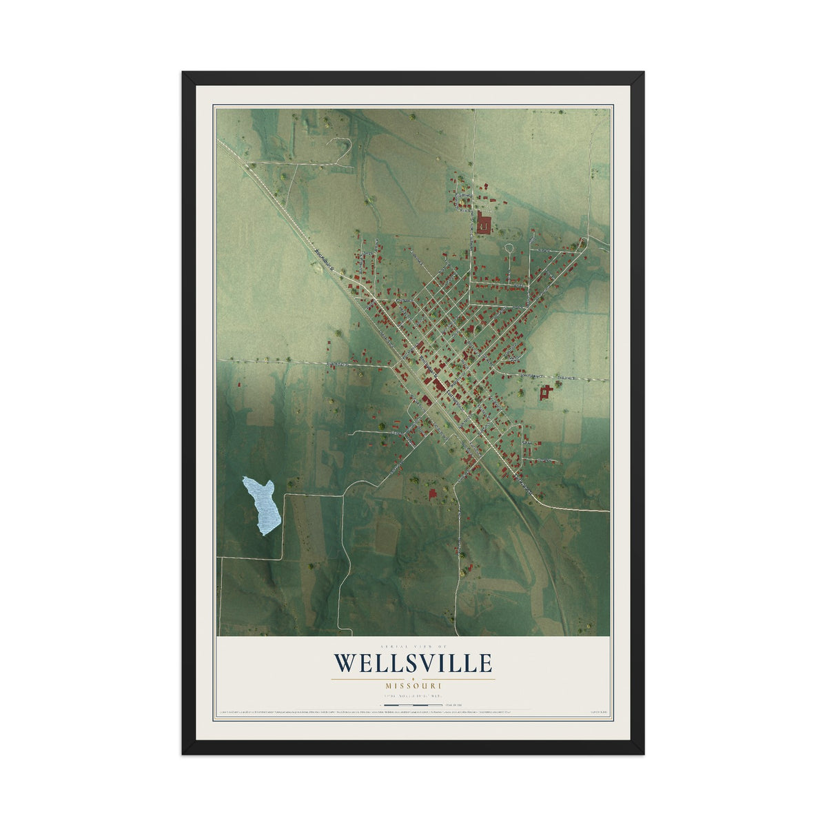 Map of Wellsville, Missouri, 12 x 18 inch print in a black wood frame