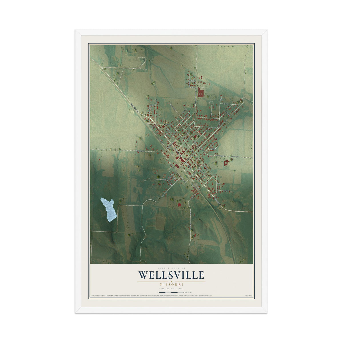 Map of Wellsville, Missouri, 12 x 18 inch print in a white wood frame