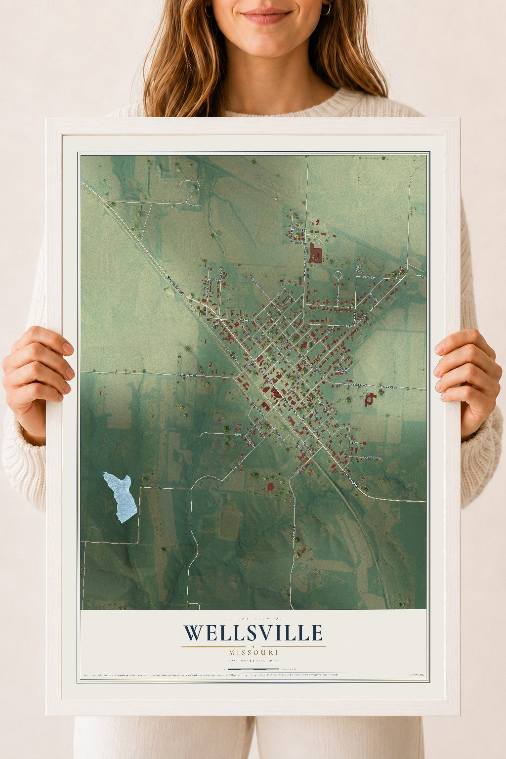 Map of Wellsville, Missouri, 18 x 24 inch print in a white wood frame