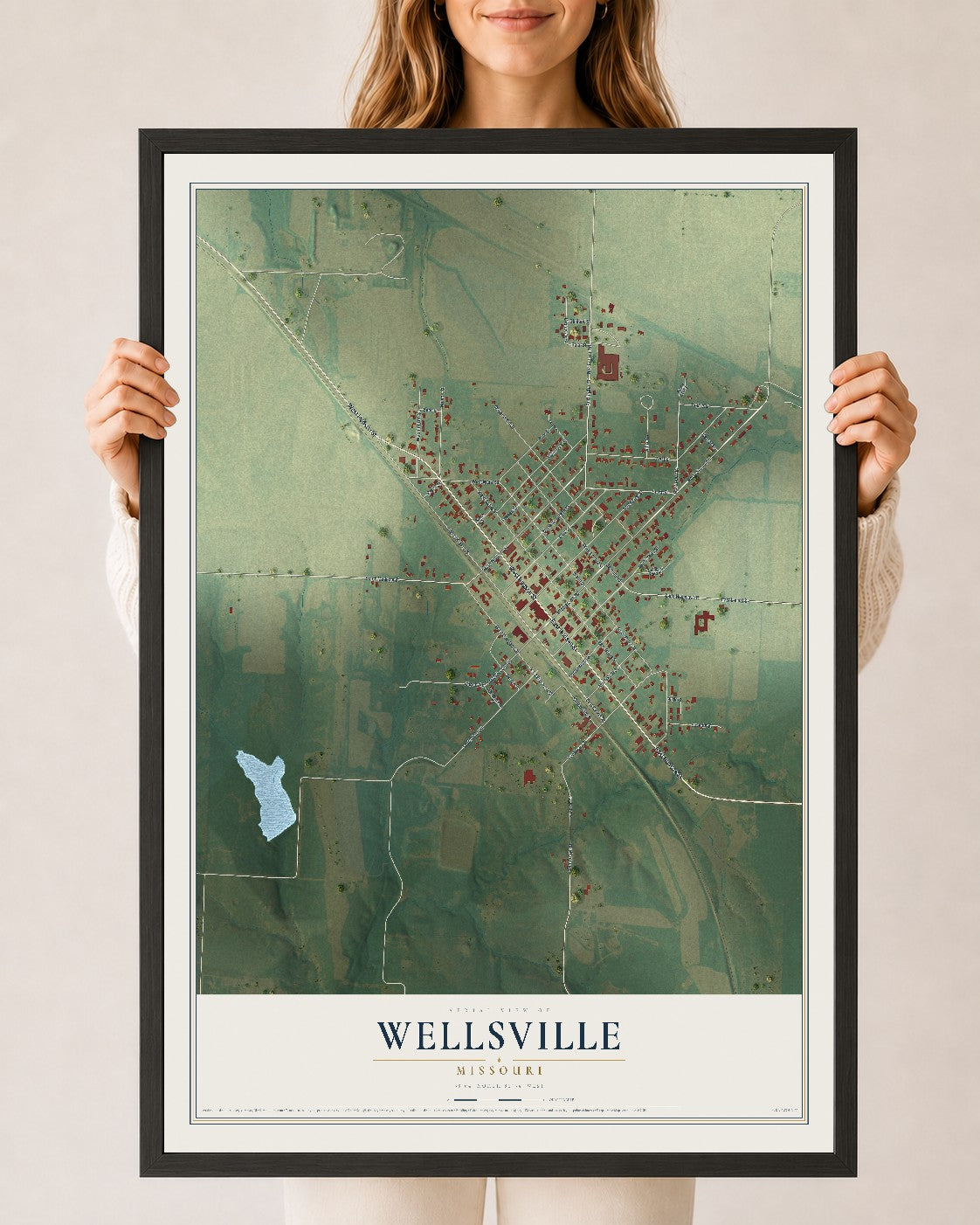Map of Wellsville, Missouri, 24 x 36 inch print in a black wood frame