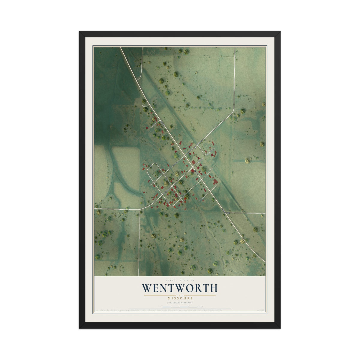 Map of Wentworth, Missouri, 12 x 18 inch print in a black wood frame
