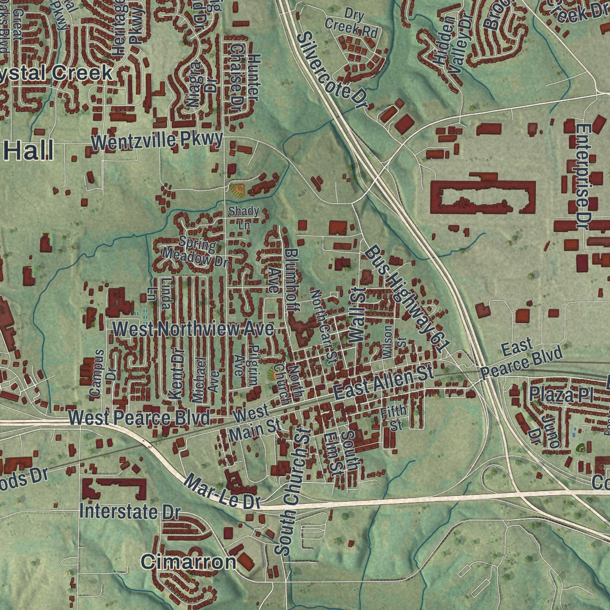 Close-up of the map of Wentzville, Missouri print showing street and building detail