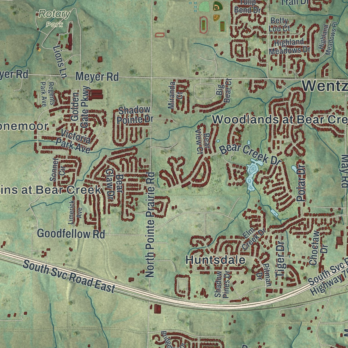 Second close-up of the map of Wentzville, Missouri print showing more streets and buildings