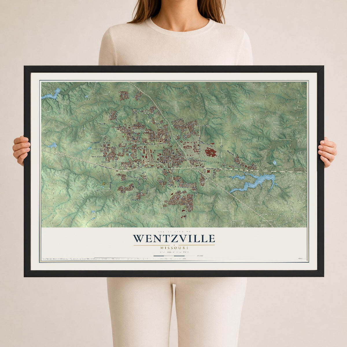 Map of Wentzville, Missouri, 24 x 36 inch print in a black wood frame