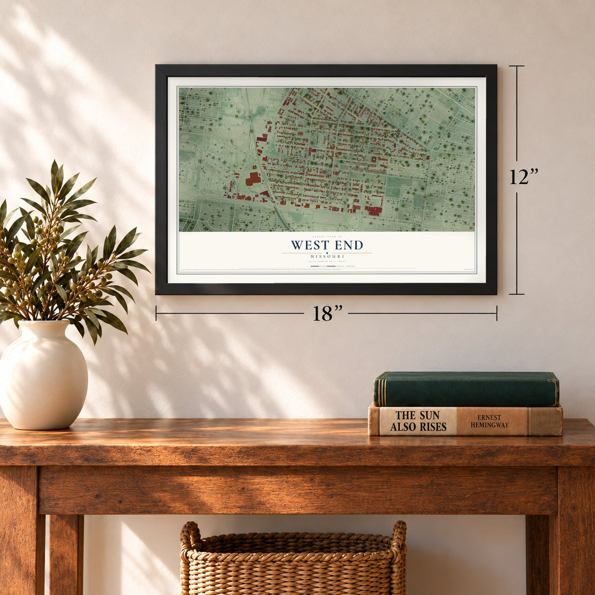 West End, Missouri map, 12 x 18 inch print in a black frame in an entryway