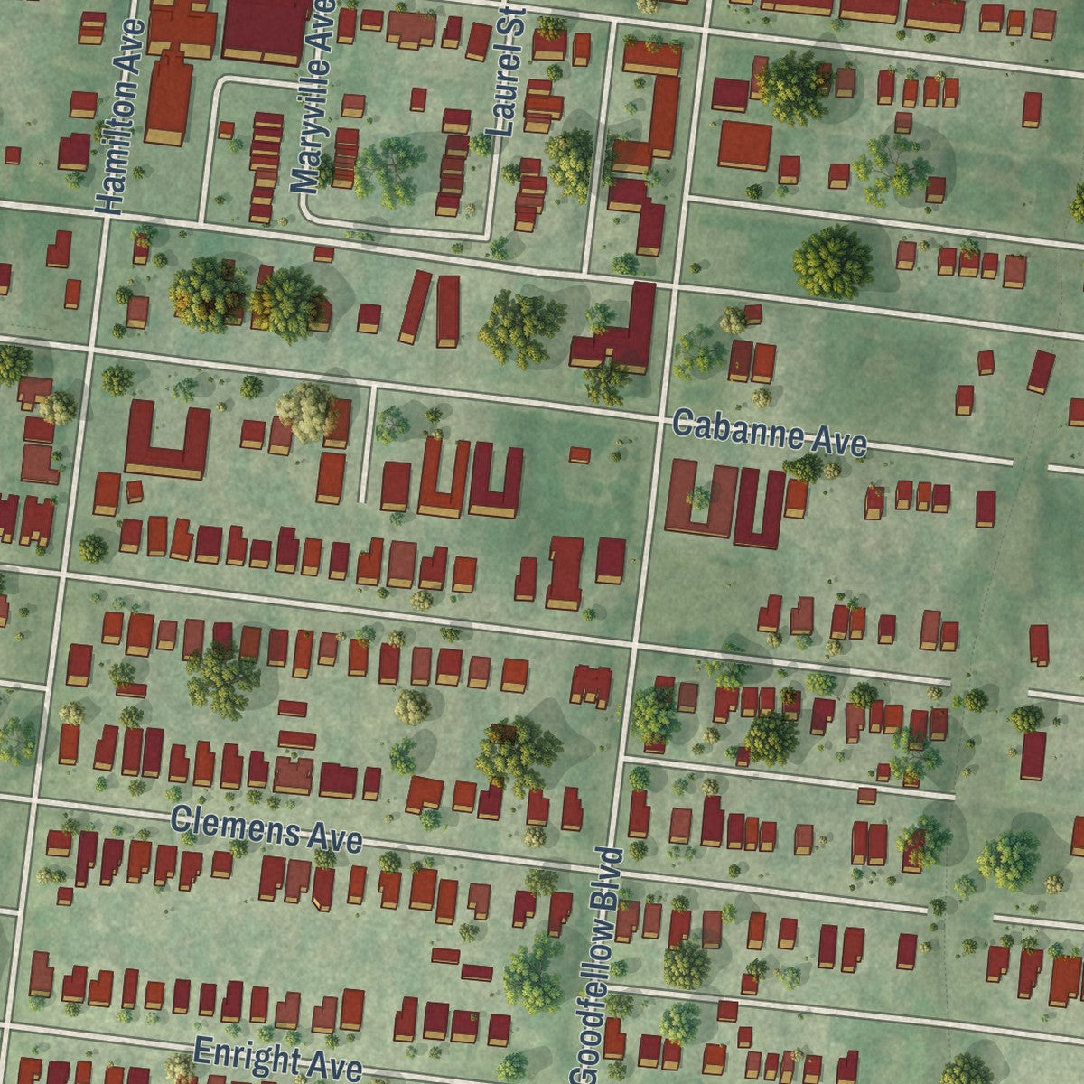 Close-up of the map of West End, Missouri print showing street and building detail