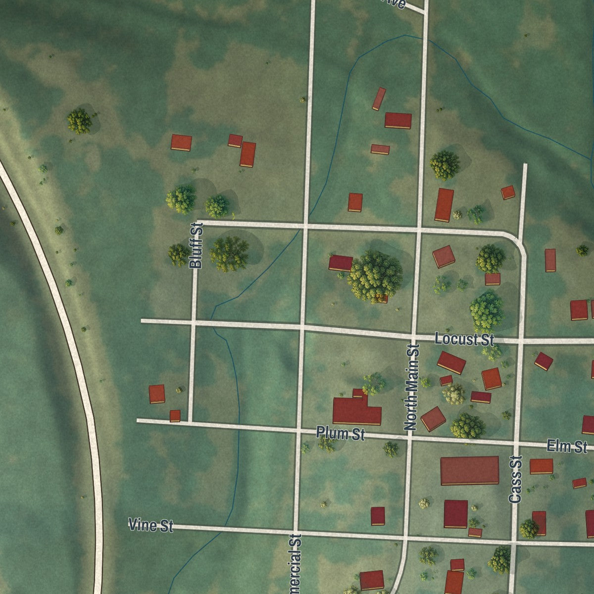Close-up of the map of West Line, Missouri print showing street and building detail