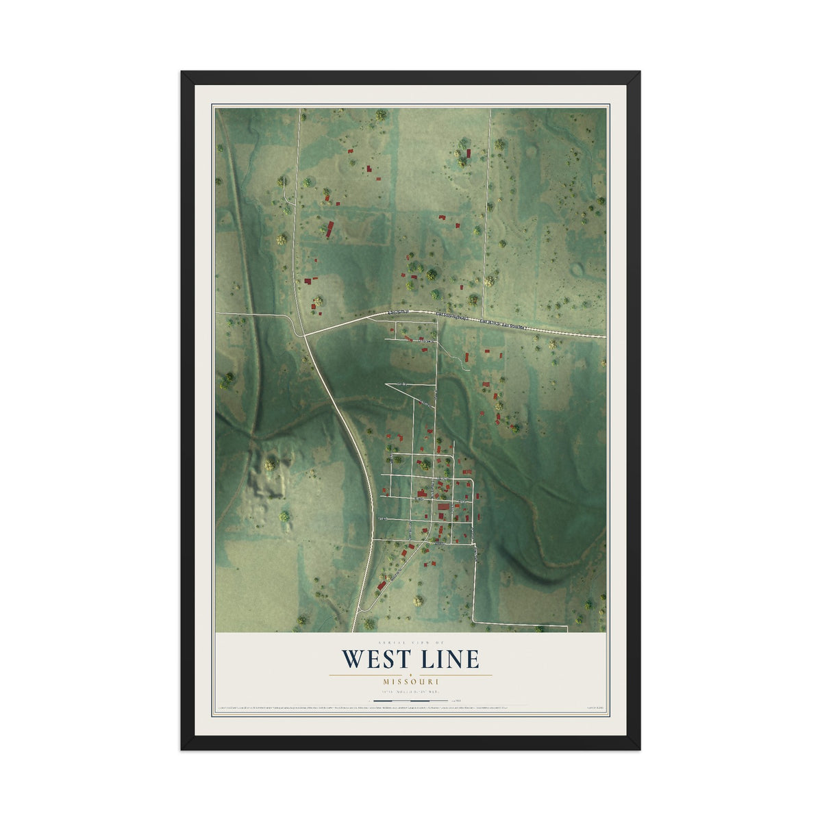 Map of West Line, Missouri, 12 x 18 inch print in a black wood frame