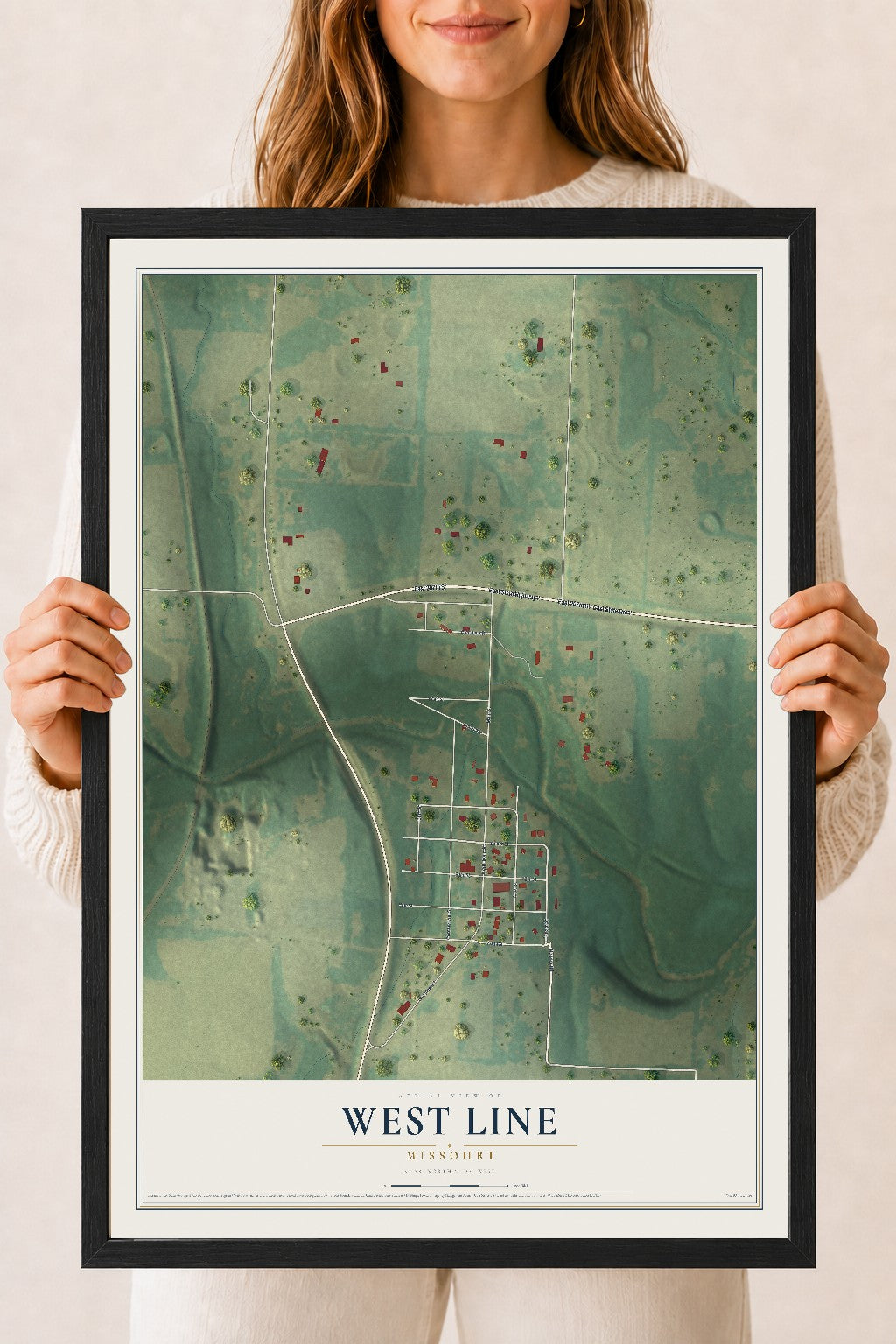 Map of West Line, Missouri, 18 x 24 inch print in a black wood frame