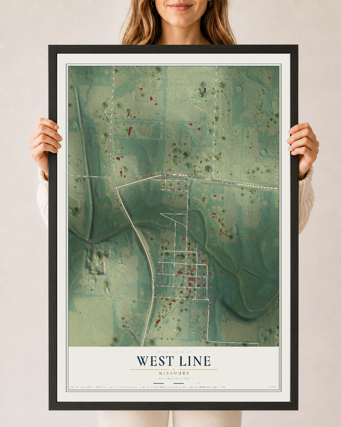 Map of West Line, Missouri, 24 x 36 inch print in a black wood frame