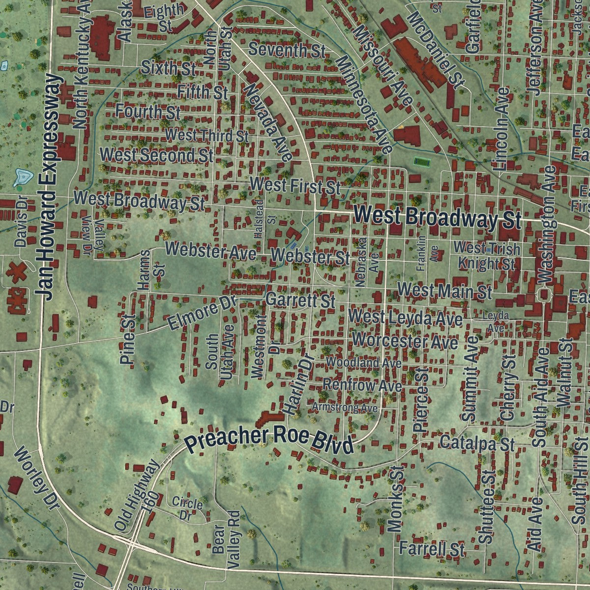 Close-up of the map of West Plains, Missouri print showing street and building detail