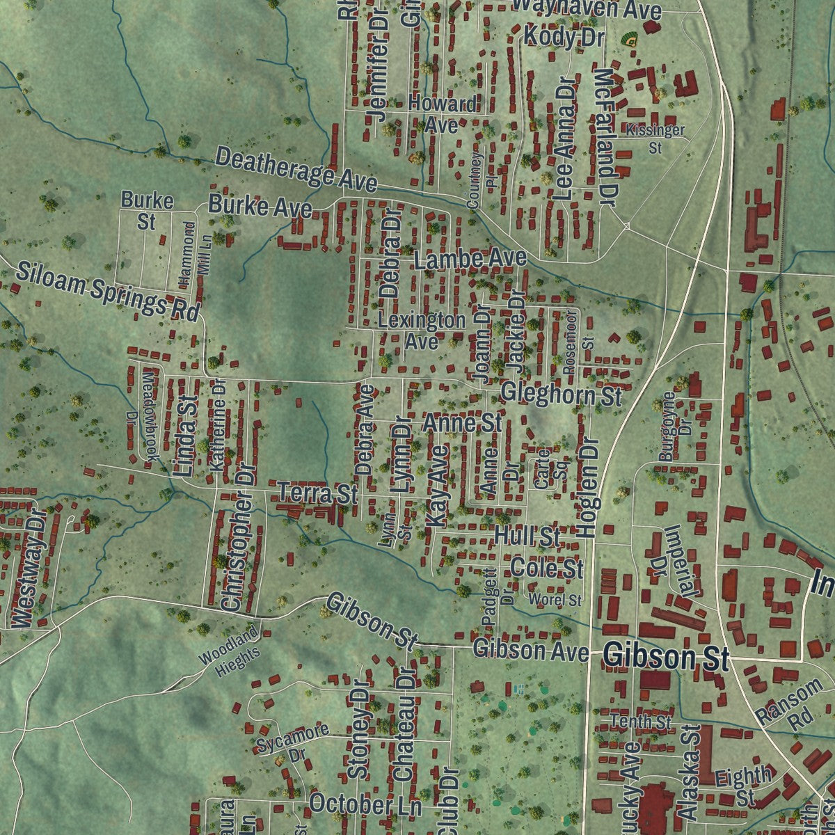 Second close-up of the map of West Plains, Missouri print showing more streets and buildings
