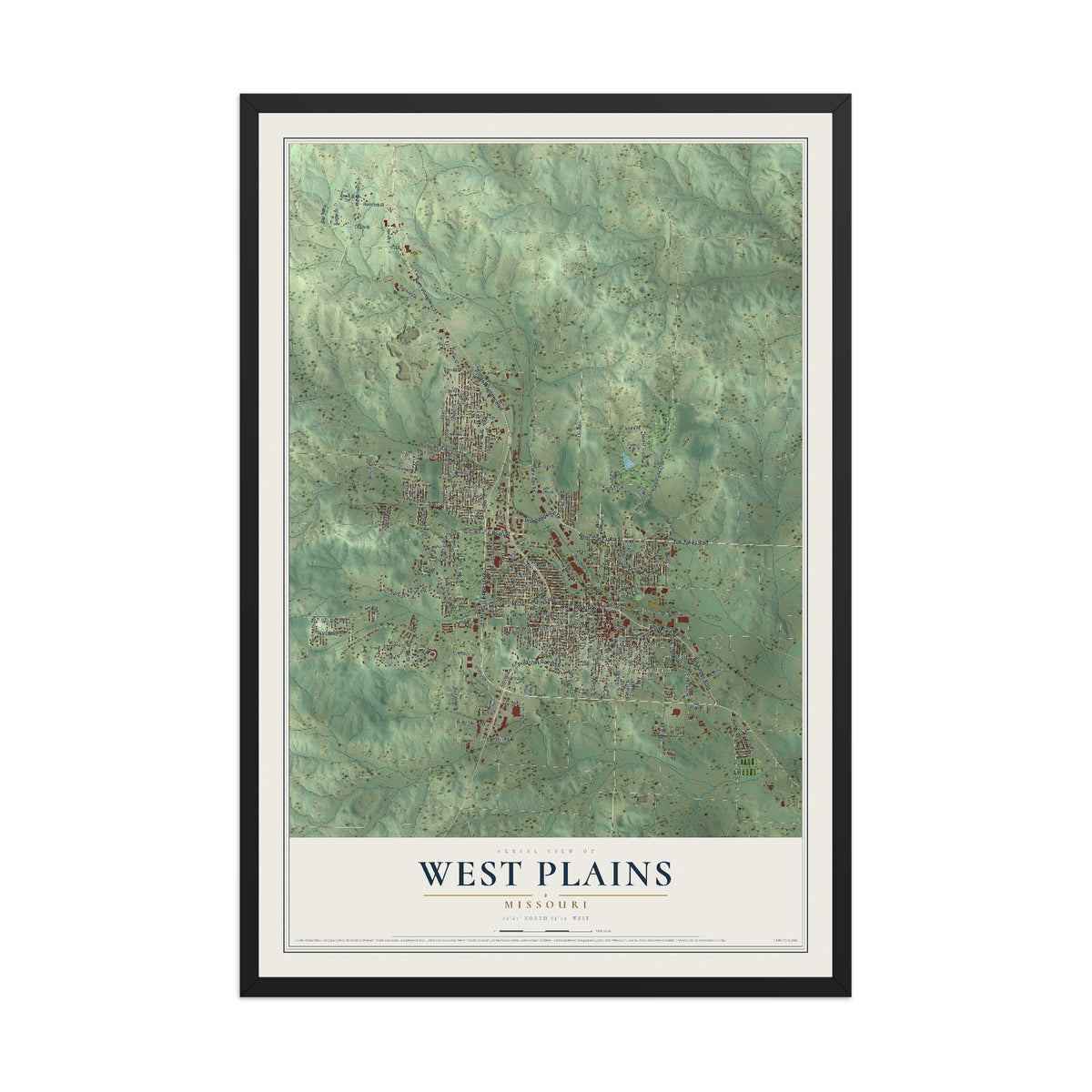 Map of West Plains, Missouri, 12 x 18 inch print in a black wood frame