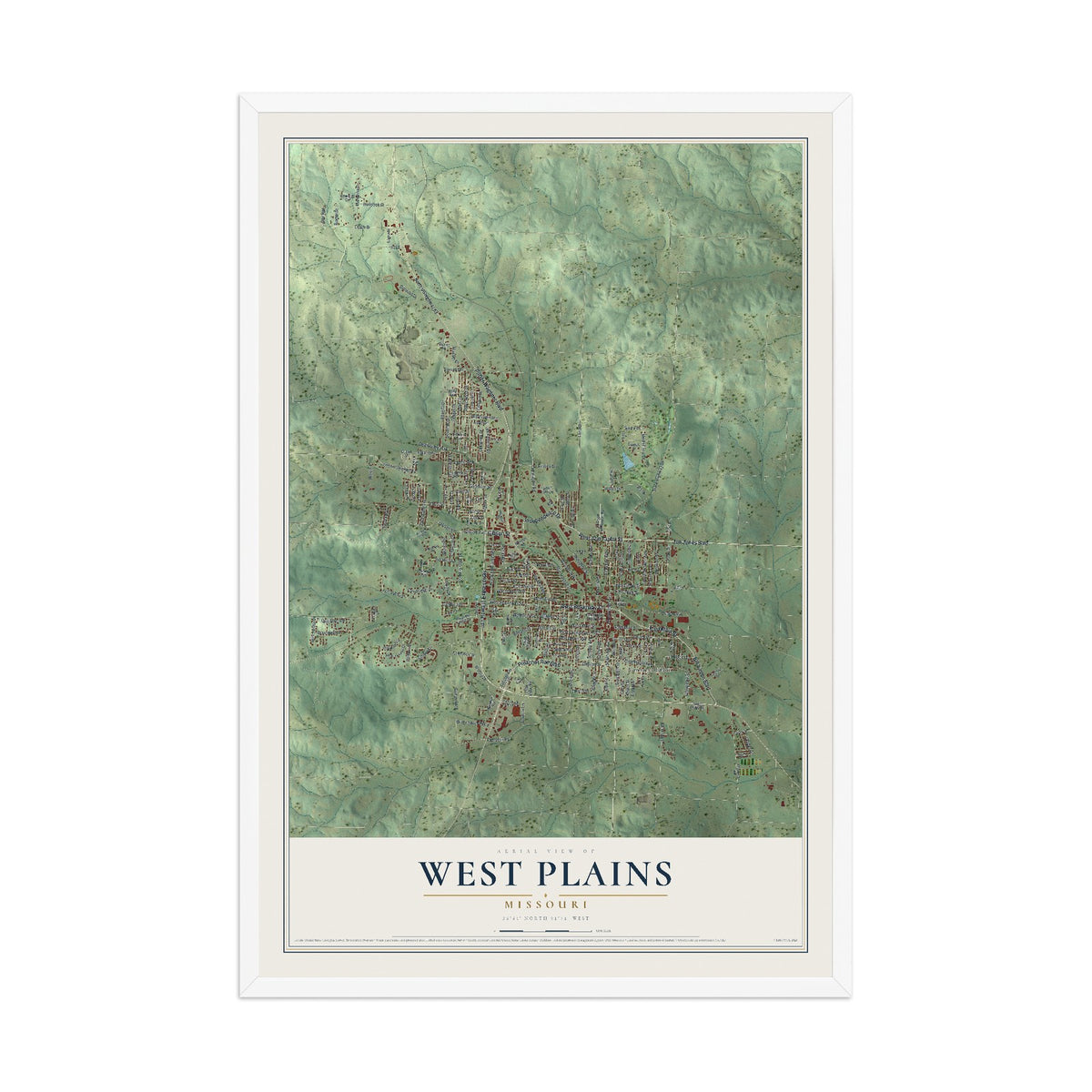 Map of West Plains, Missouri, 12 x 18 inch print in a white wood frame
