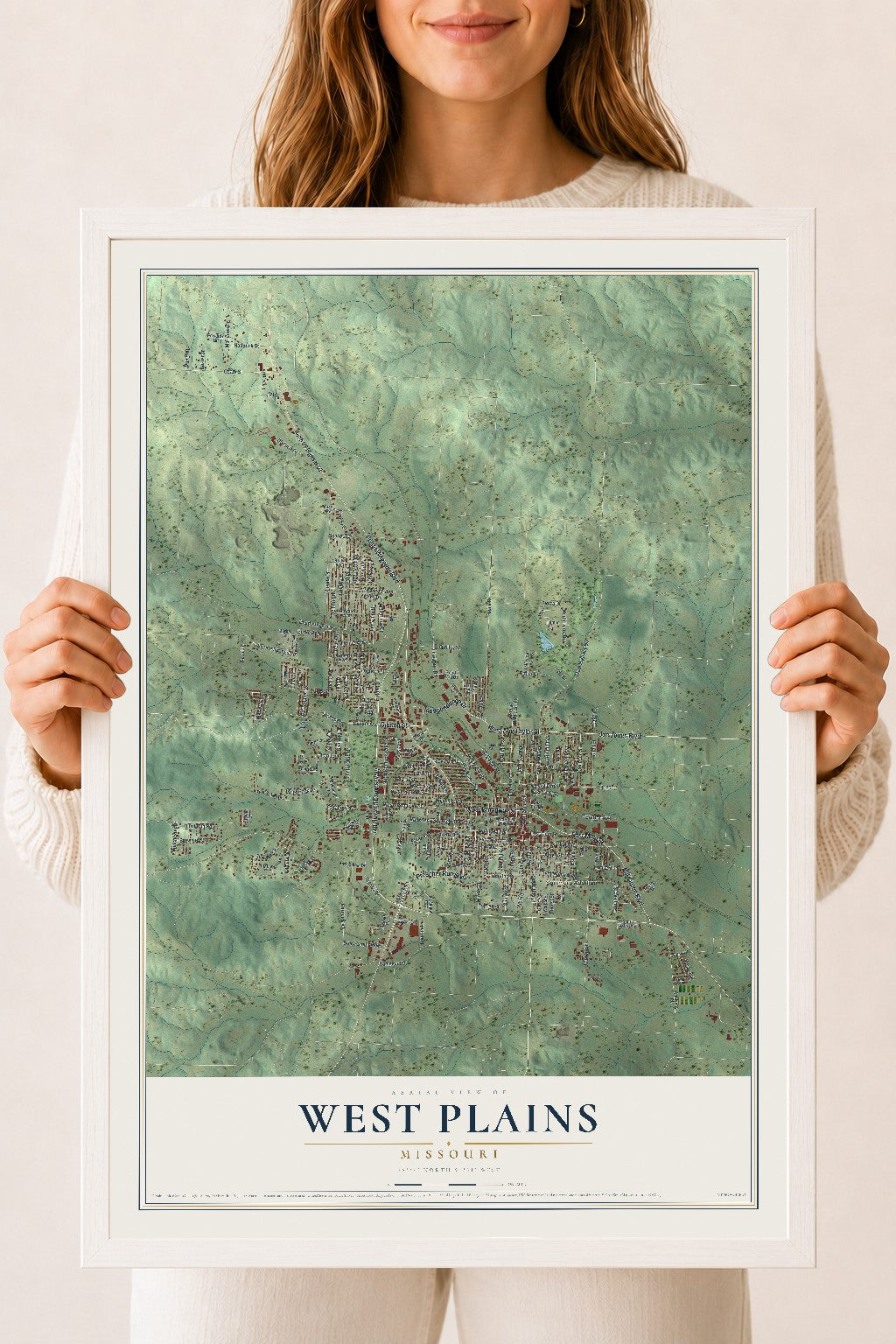 Map of West Plains, Missouri, 18 x 24 inch print in a white wood frame