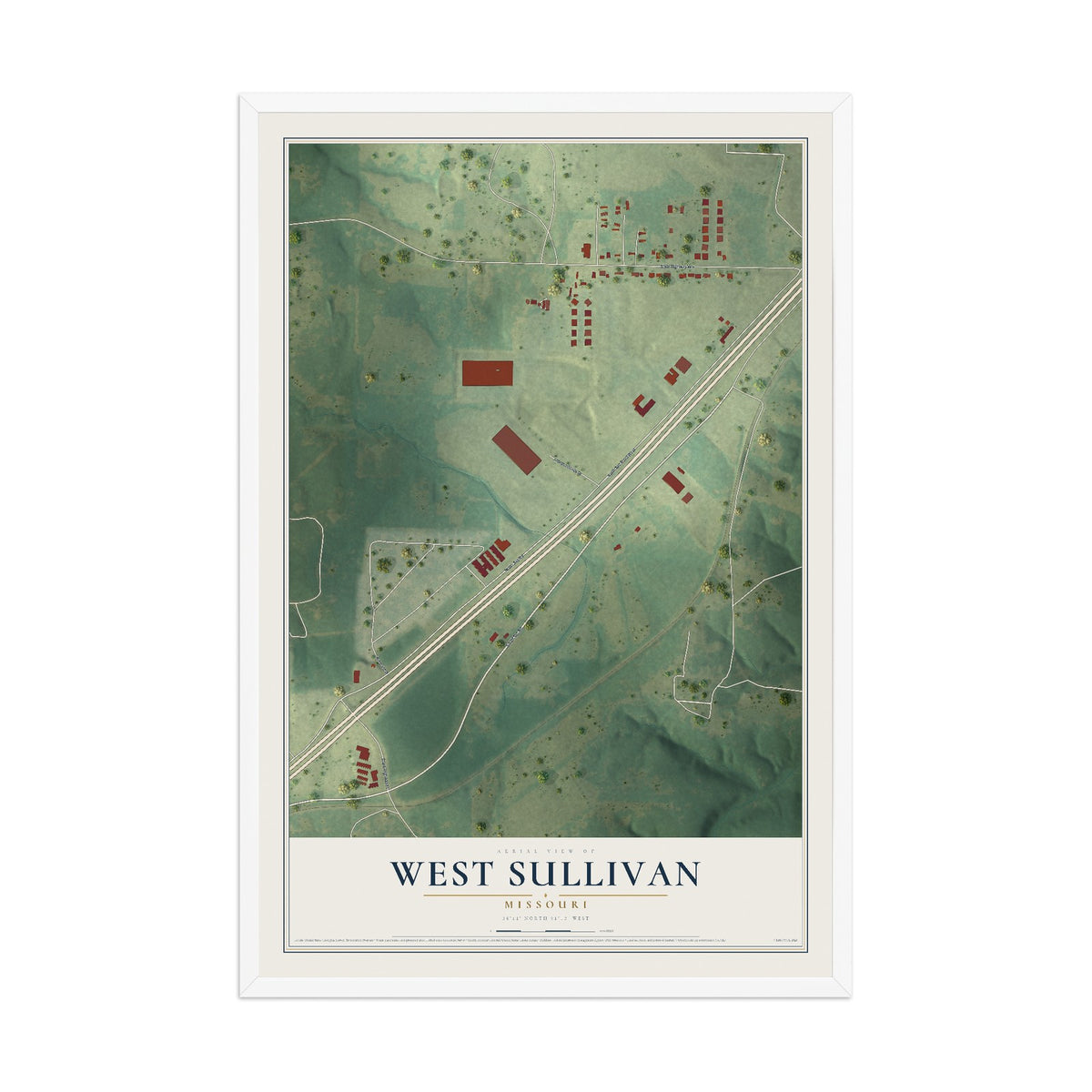 Map of West Sullivan, Missouri, 12 x 18 inch print in a white wood frame