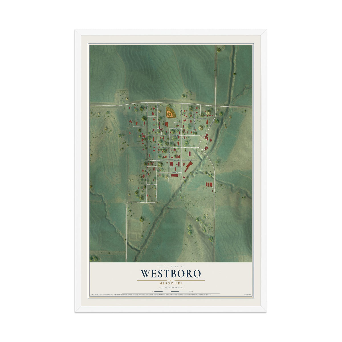 Map of Westboro, Missouri, 12 x 18 inch print in a white wood frame