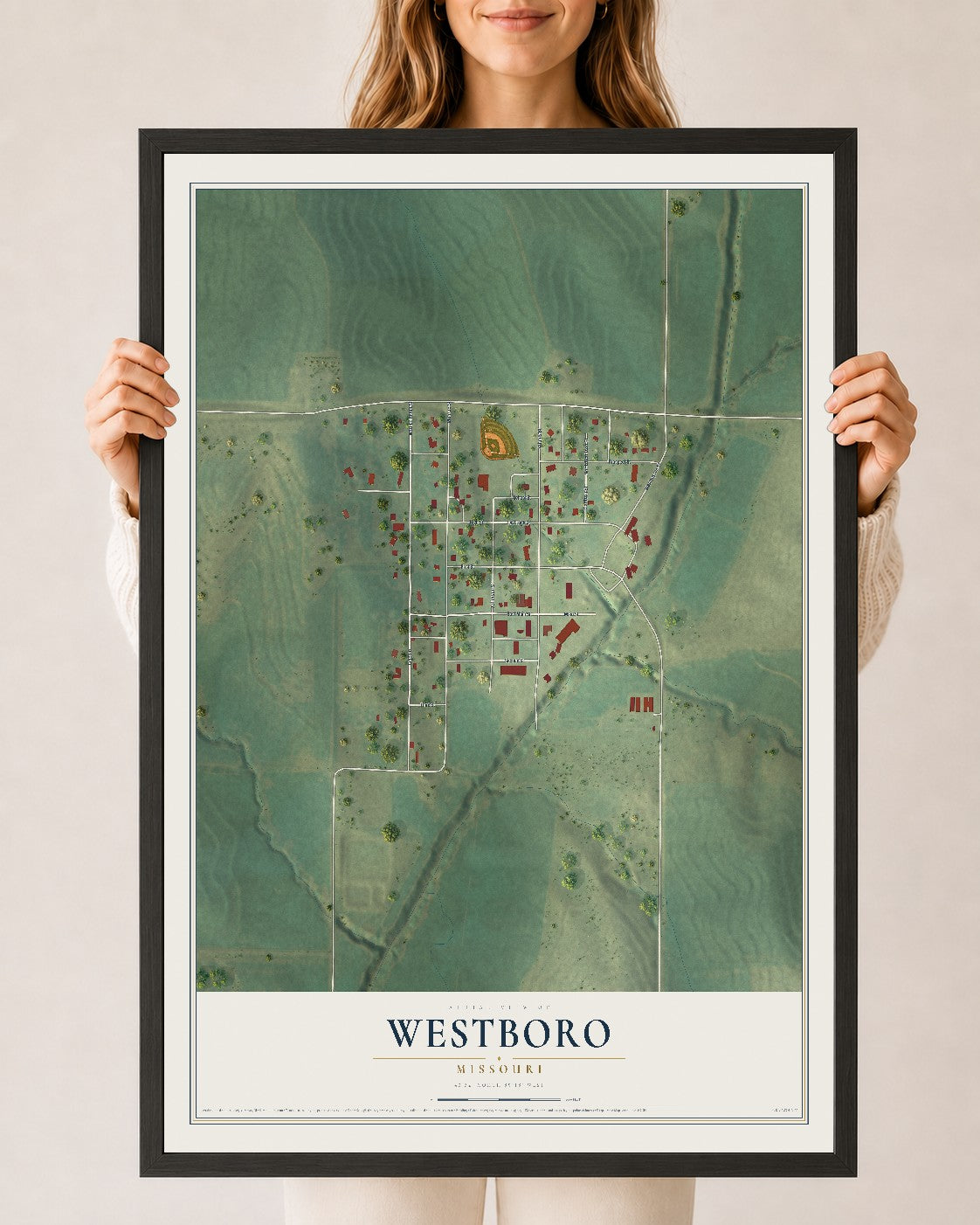 Map of Westboro, Missouri, 24 x 36 inch print in a black wood frame