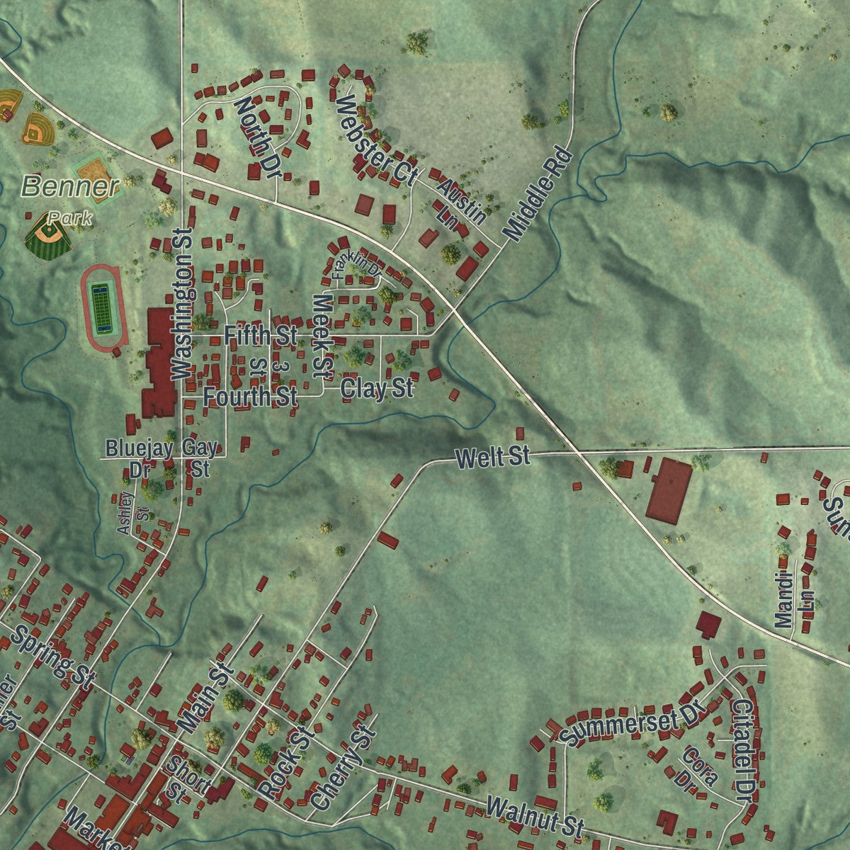 Close-up of the map of Weston, Missouri print showing street and building detail
