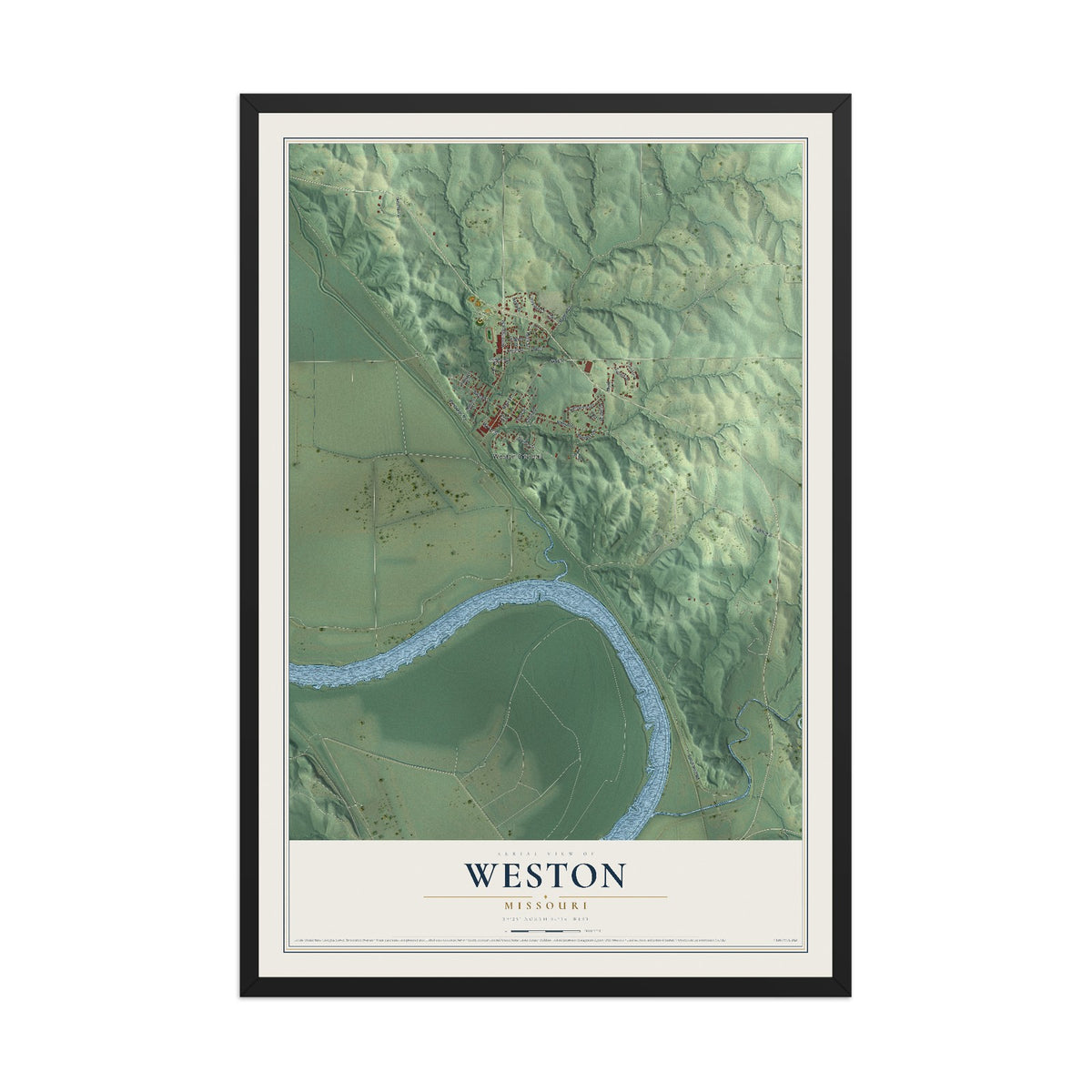 Map of Weston, Missouri, 12 x 18 inch print in a black wood frame