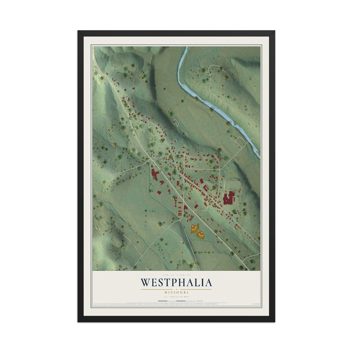 Map of Westphalia, Missouri, 12 x 18 inch print in a black wood frame