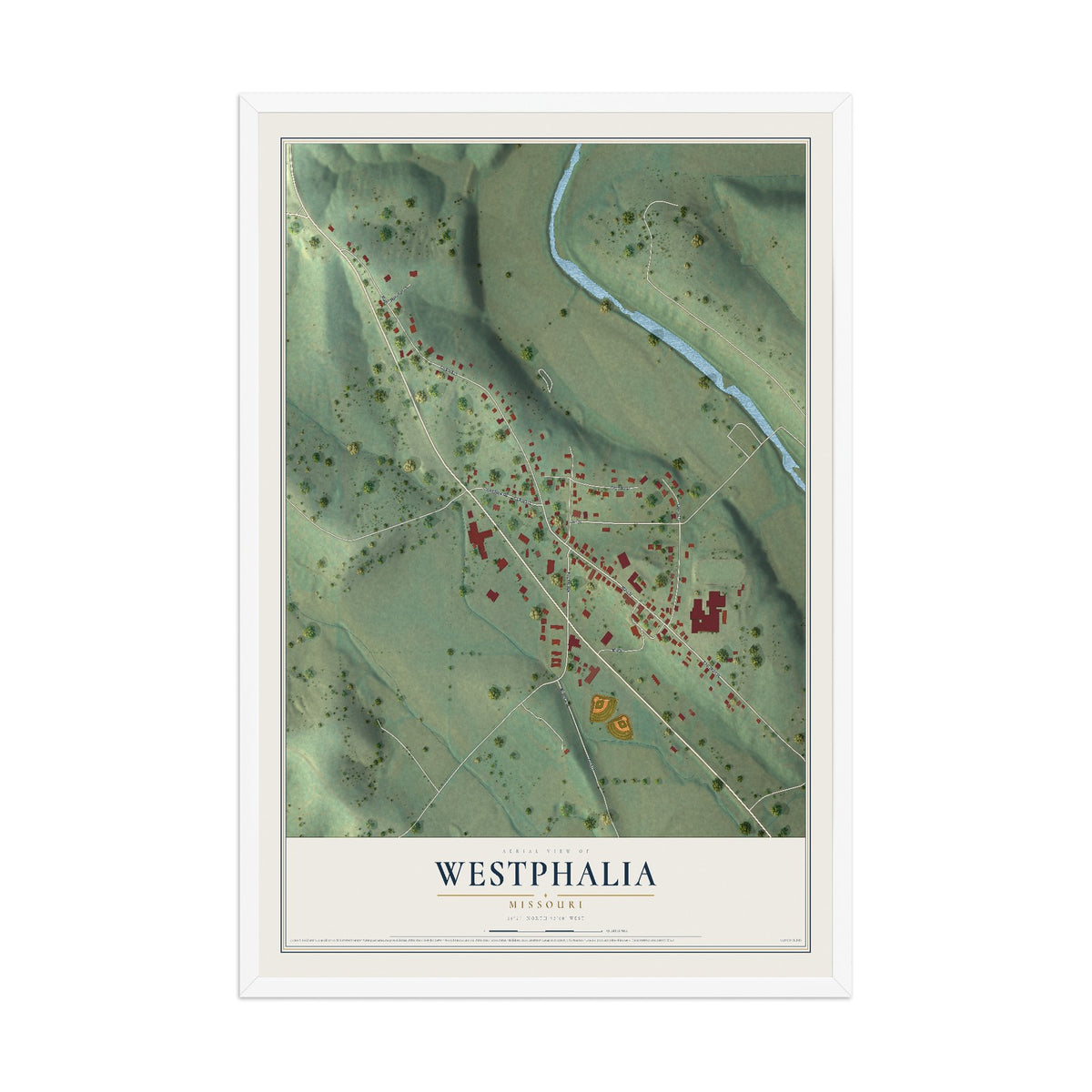 Map of Westphalia, Missouri, 12 x 18 inch print in a white wood frame