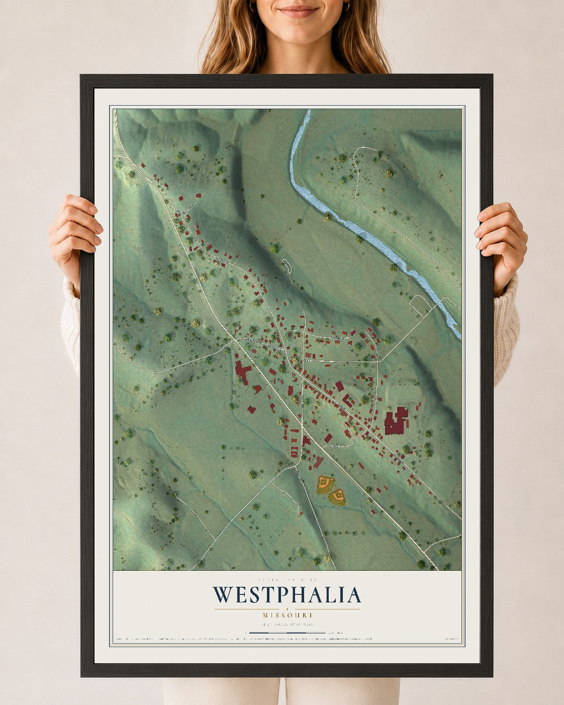 Map of Westphalia, Missouri, 24 x 36 inch print in a black wood frame