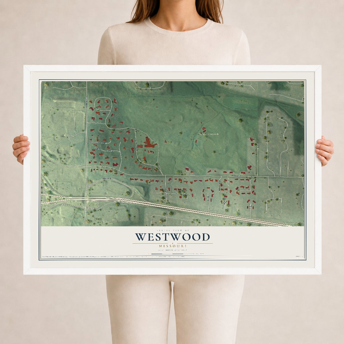 Map of Westwood, Missouri, 24 x 36 inch print in a white wood frame