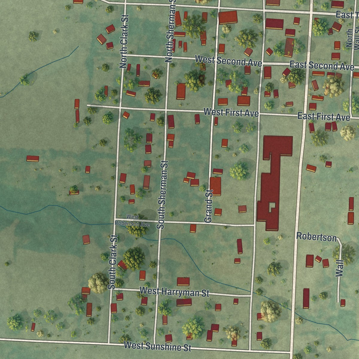 Close-up of the map of Wheatland, Missouri print showing street and building detail