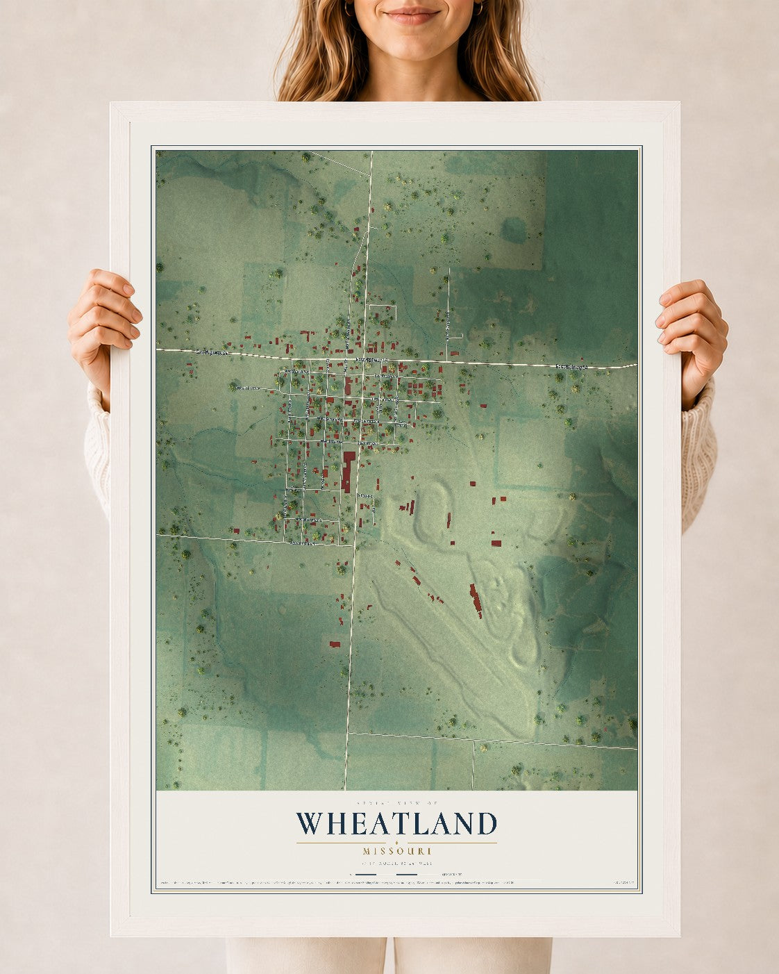 Map of Wheatland, Missouri, 24 x 36 inch print in a white wood frame