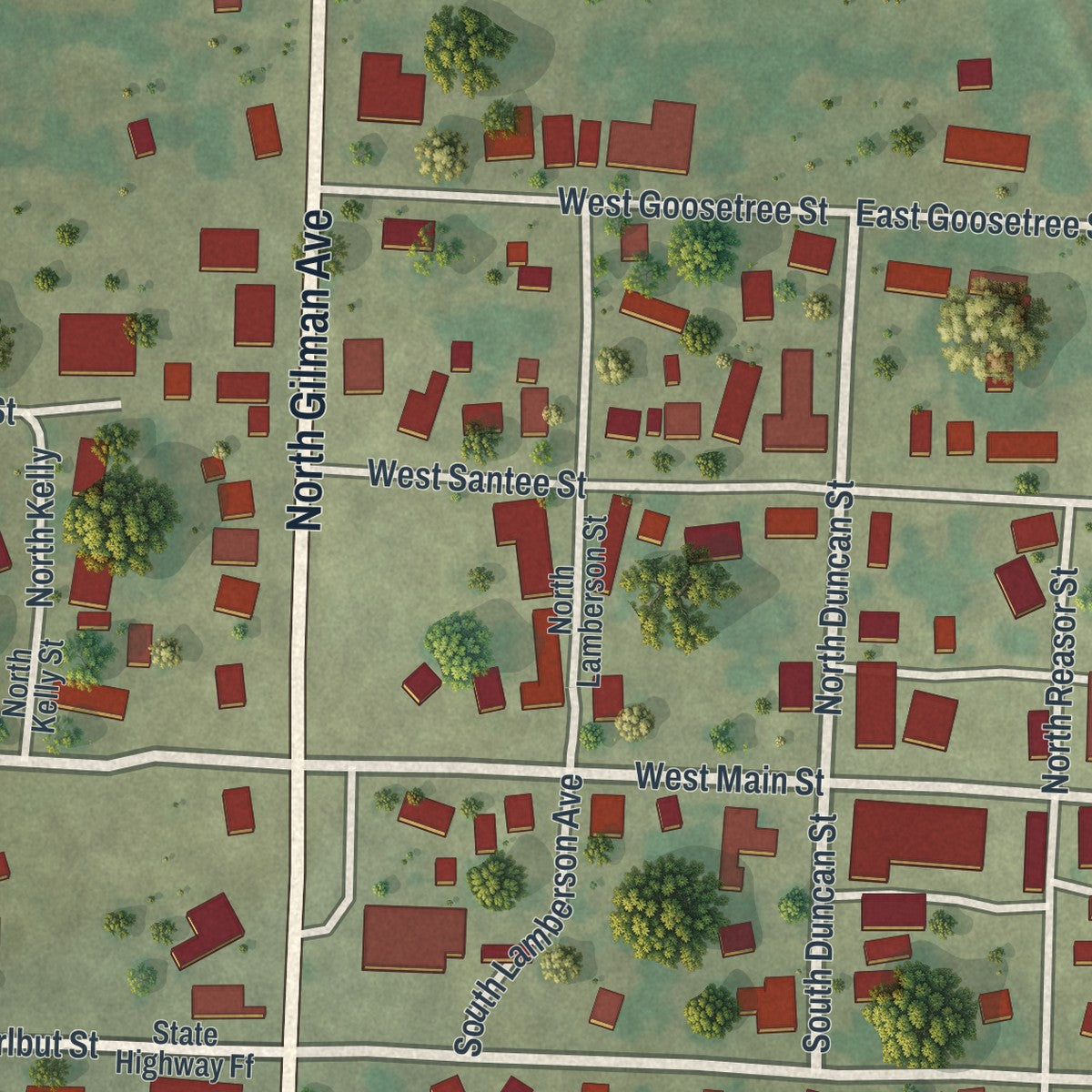 Close-up of the map of Wheaton, Missouri print showing street and building detail