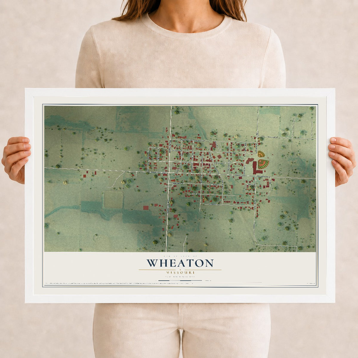 Map of Wheaton, Missouri, 12 x 18 inch print in a white wood frame