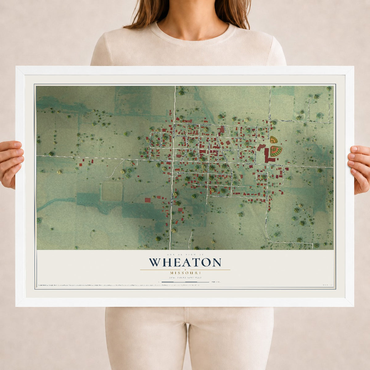 Map of Wheaton, Missouri, 18 x 24 inch print in a white wood frame