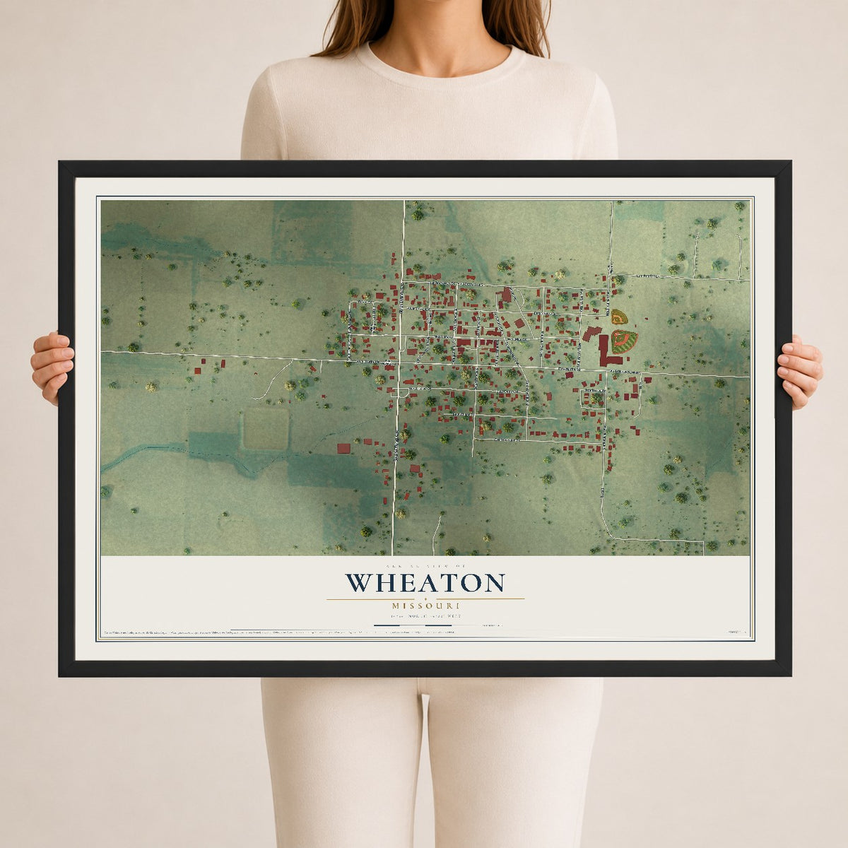 Map of Wheaton, Missouri, 24 x 36 inch print in a black wood frame