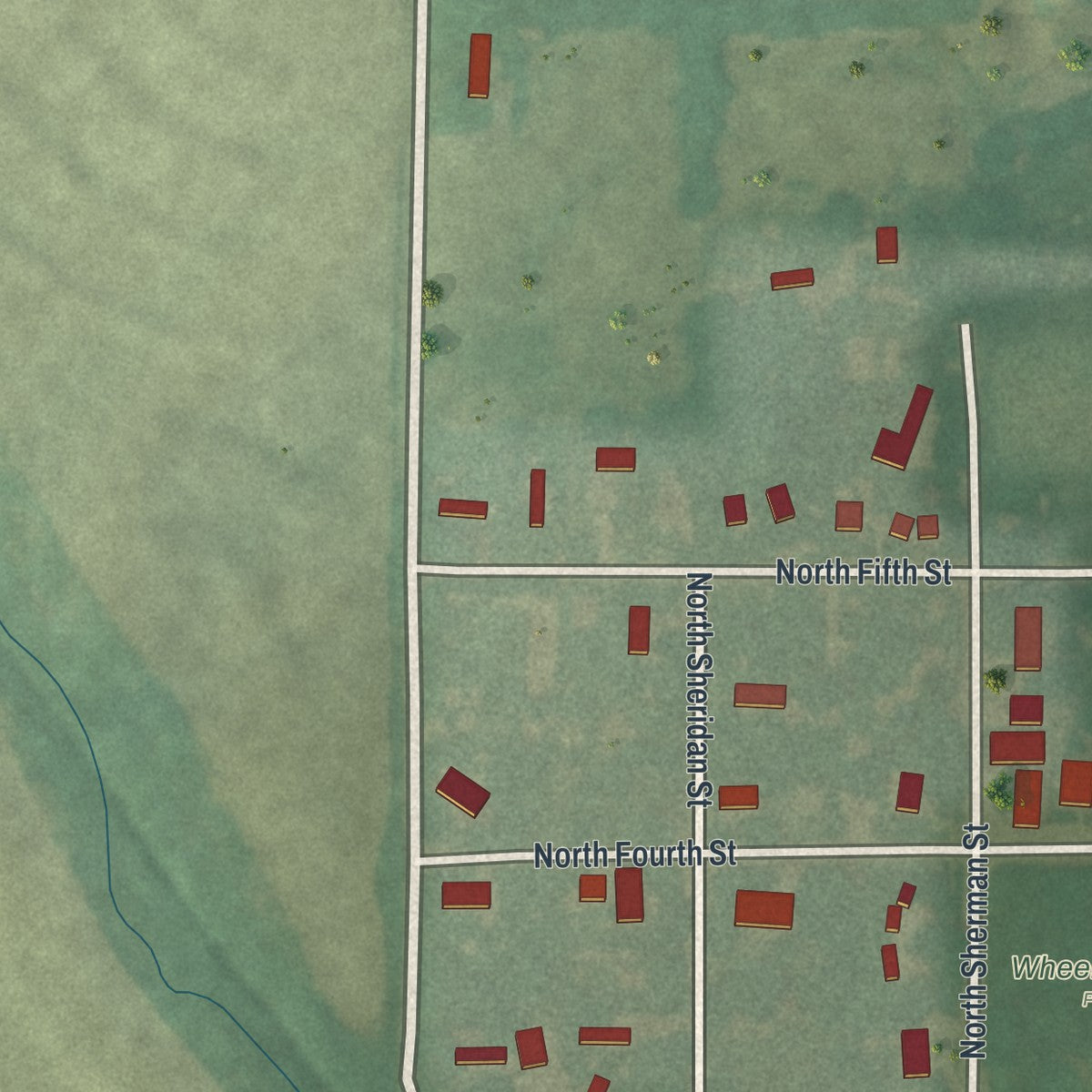 Second close-up of the map of Wheeling, Missouri print showing more streets and buildings