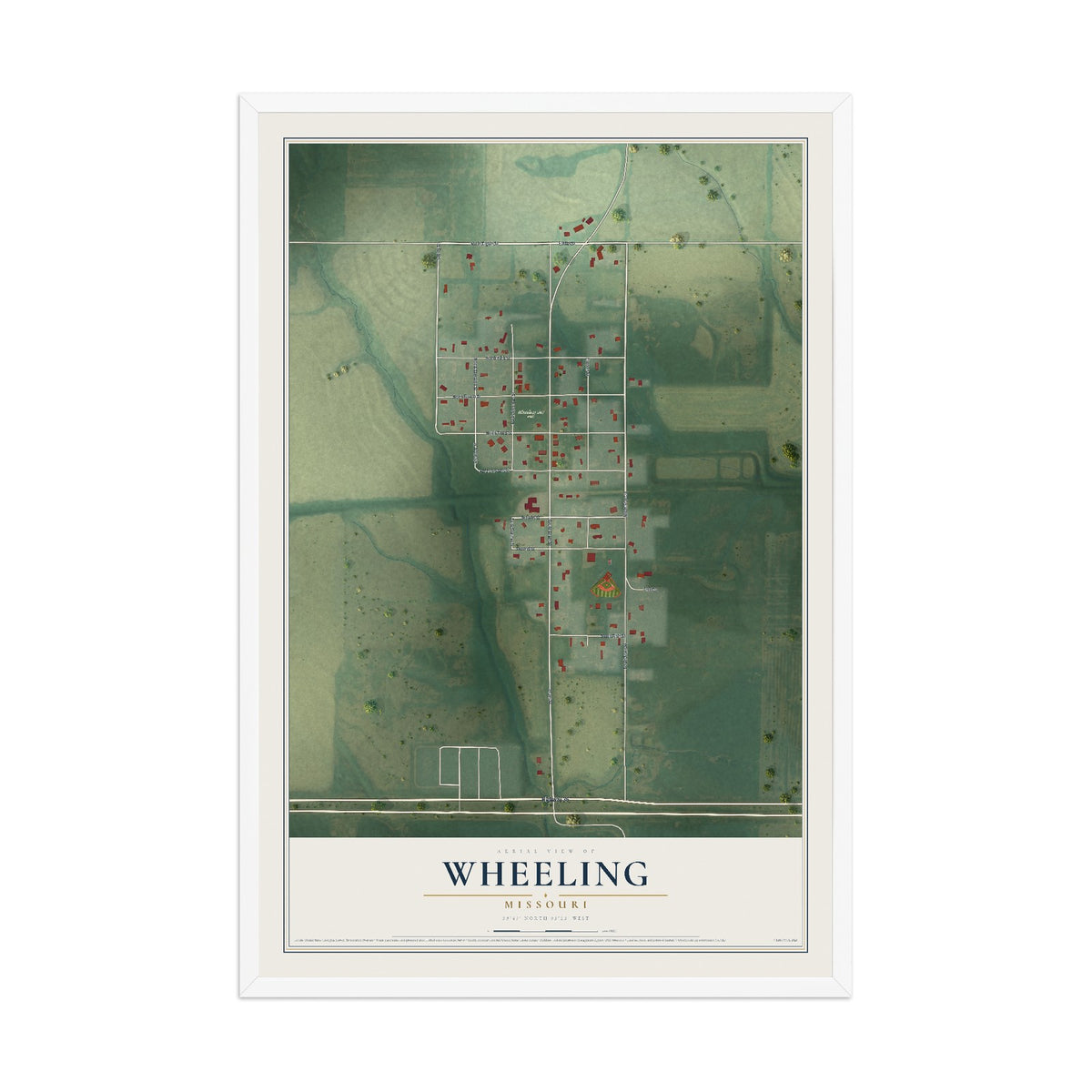 Map of Wheeling, Missouri, 12 x 18 inch print in a white wood frame