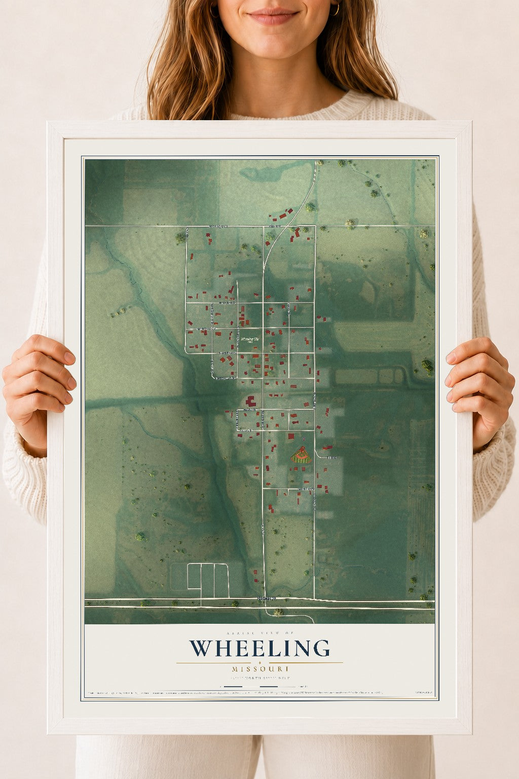 Map of Wheeling, Missouri, 18 x 24 inch print in a white wood frame