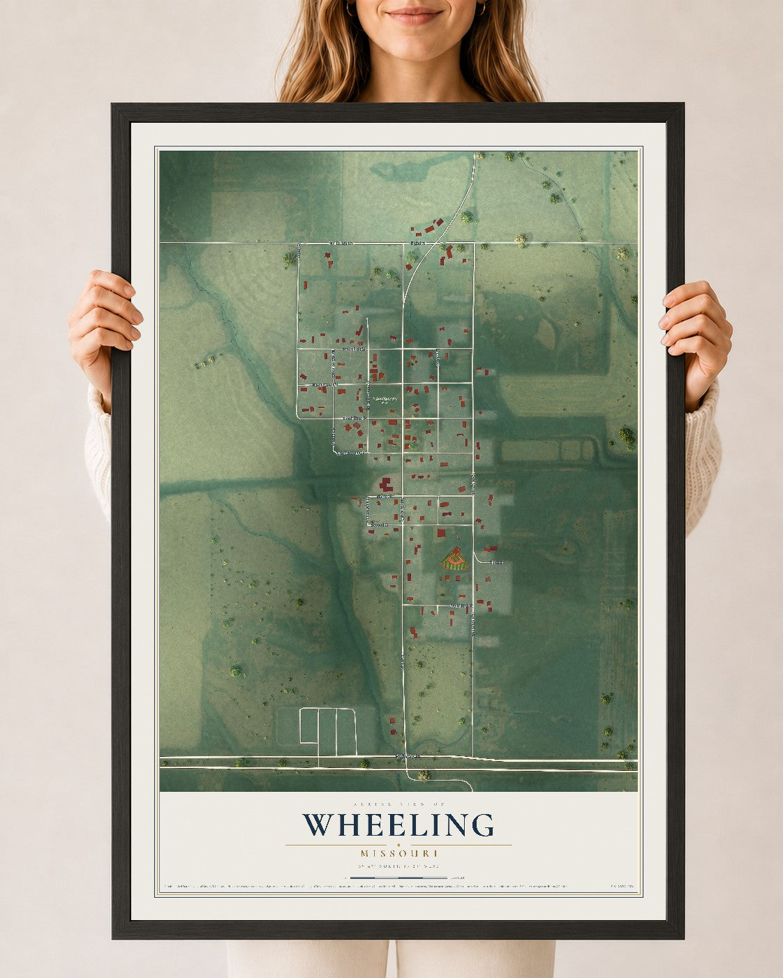 Map of Wheeling, Missouri, 24 x 36 inch print in a black wood frame