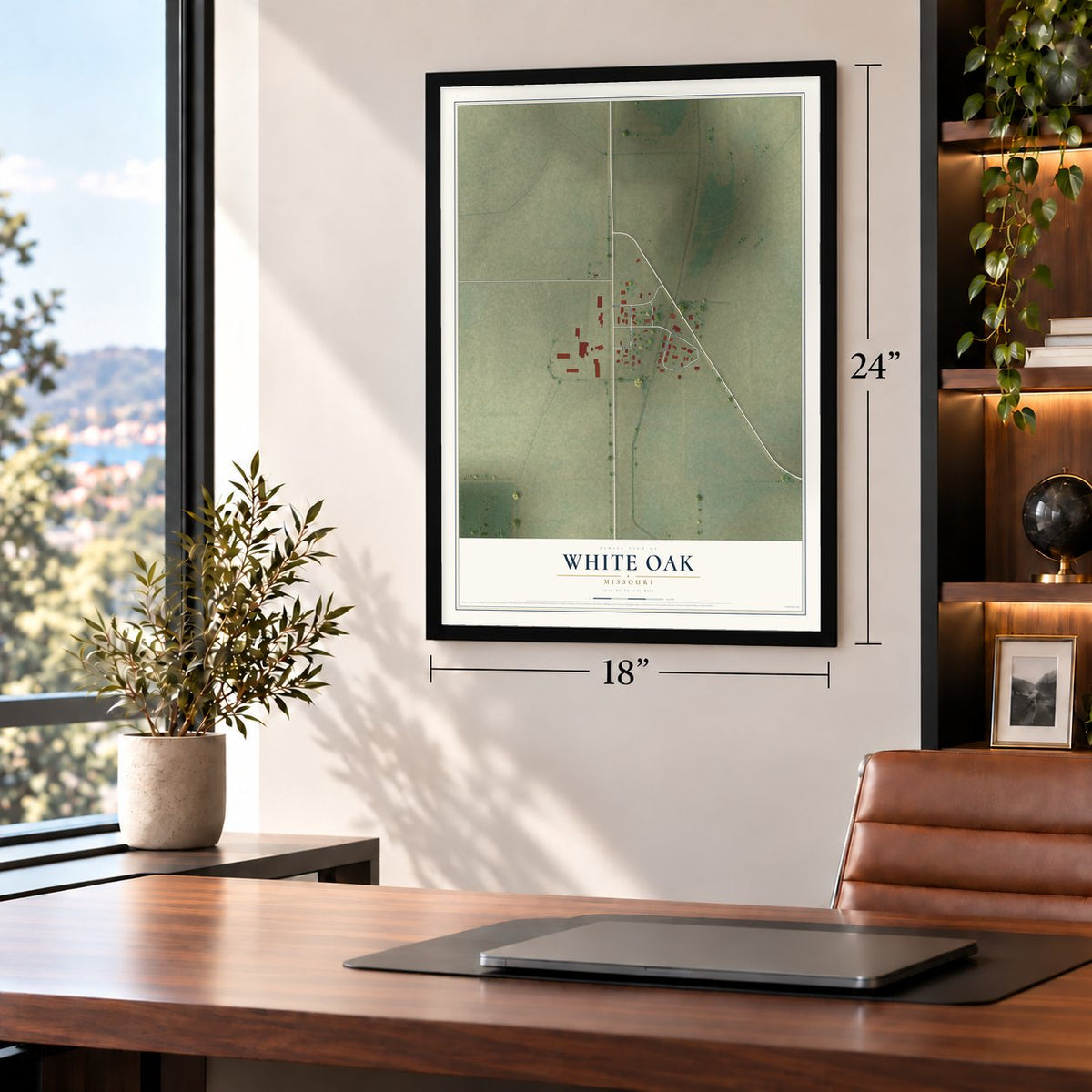 White Oak, Missouri map, 18 x 24 inch print in a black frame in a home office