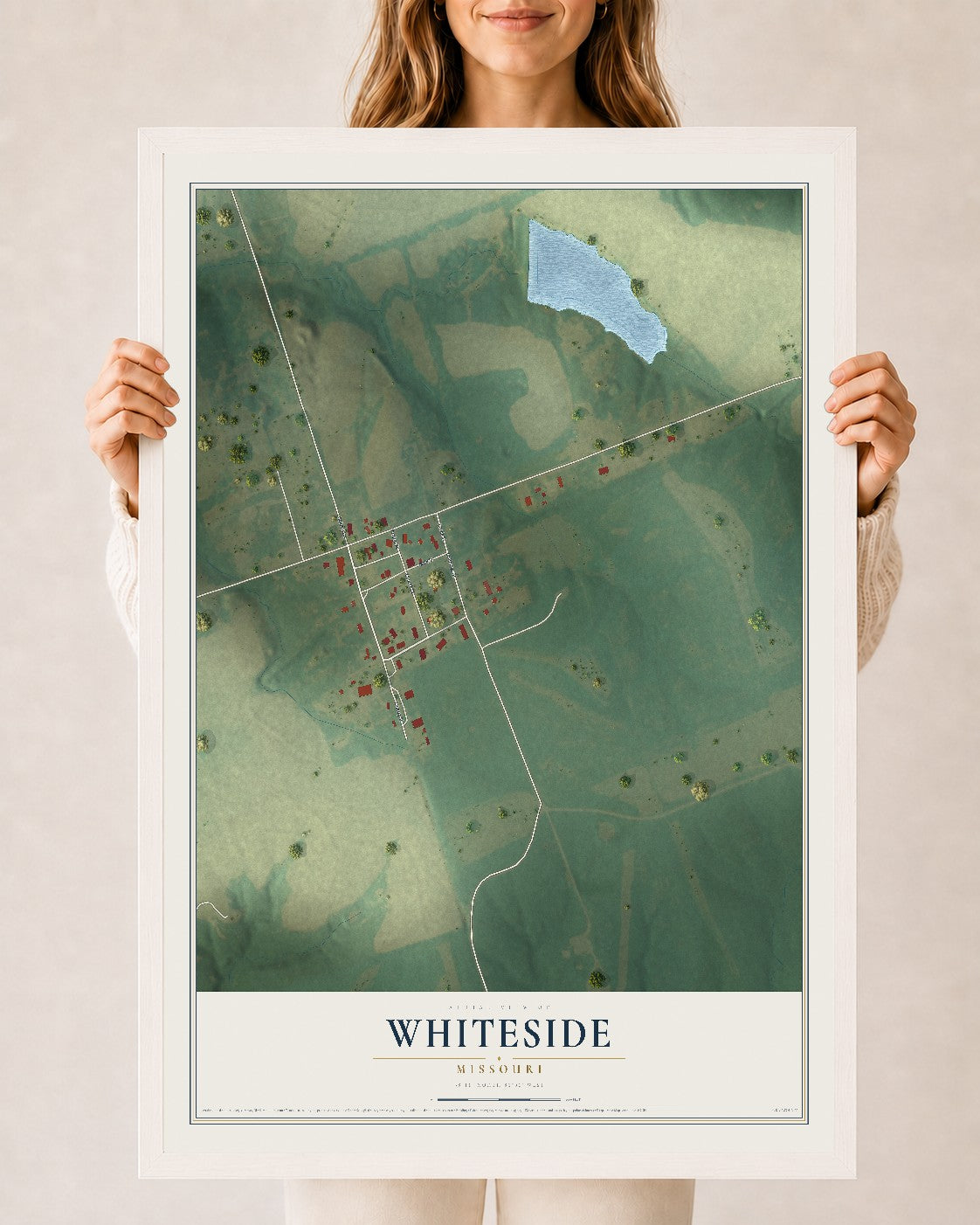 Map of Whiteside, Missouri, 24 x 36 inch print in a white wood frame