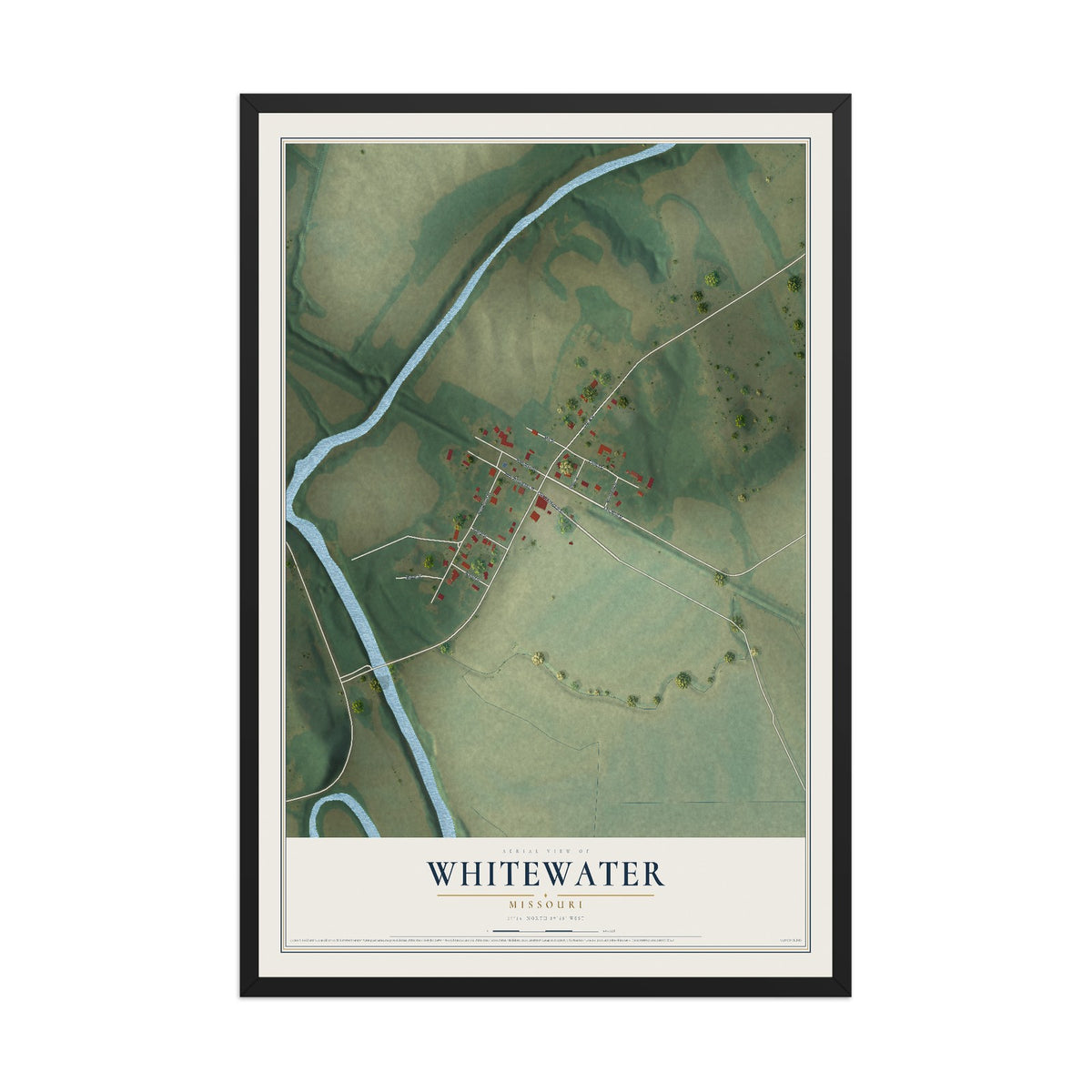 Map of Whitewater, Missouri, 12 x 18 inch print in a black wood frame