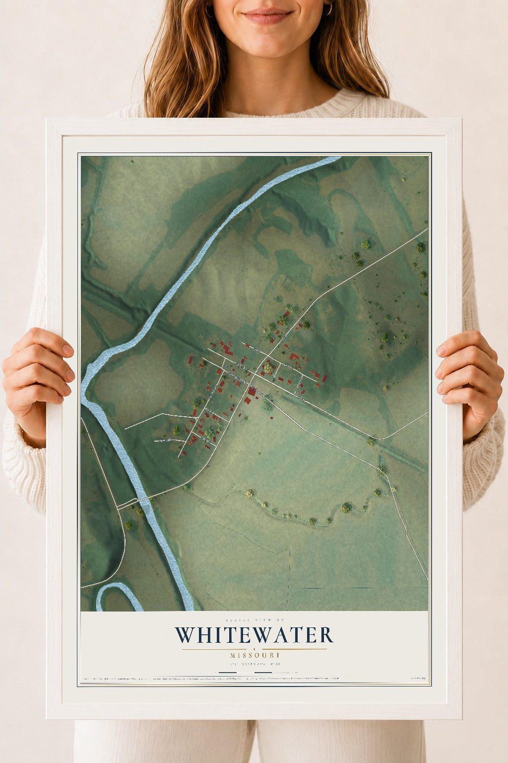 Map of Whitewater, Missouri, 18 x 24 inch print in a white wood frame
